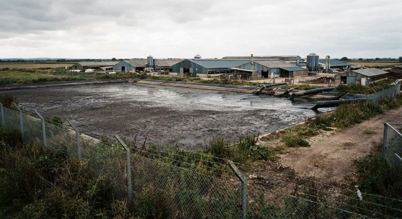 Laguna di reflui zootecnici in un grande allevamento, un elemento critico per la gestione ambientale.