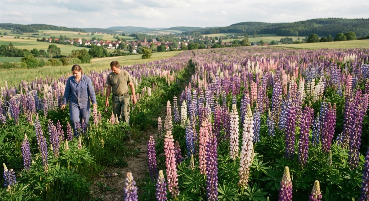 Ein blühendes Lupinenfeld in Deutschland, ein Beispiel für heimischen Leguminosenanbau.