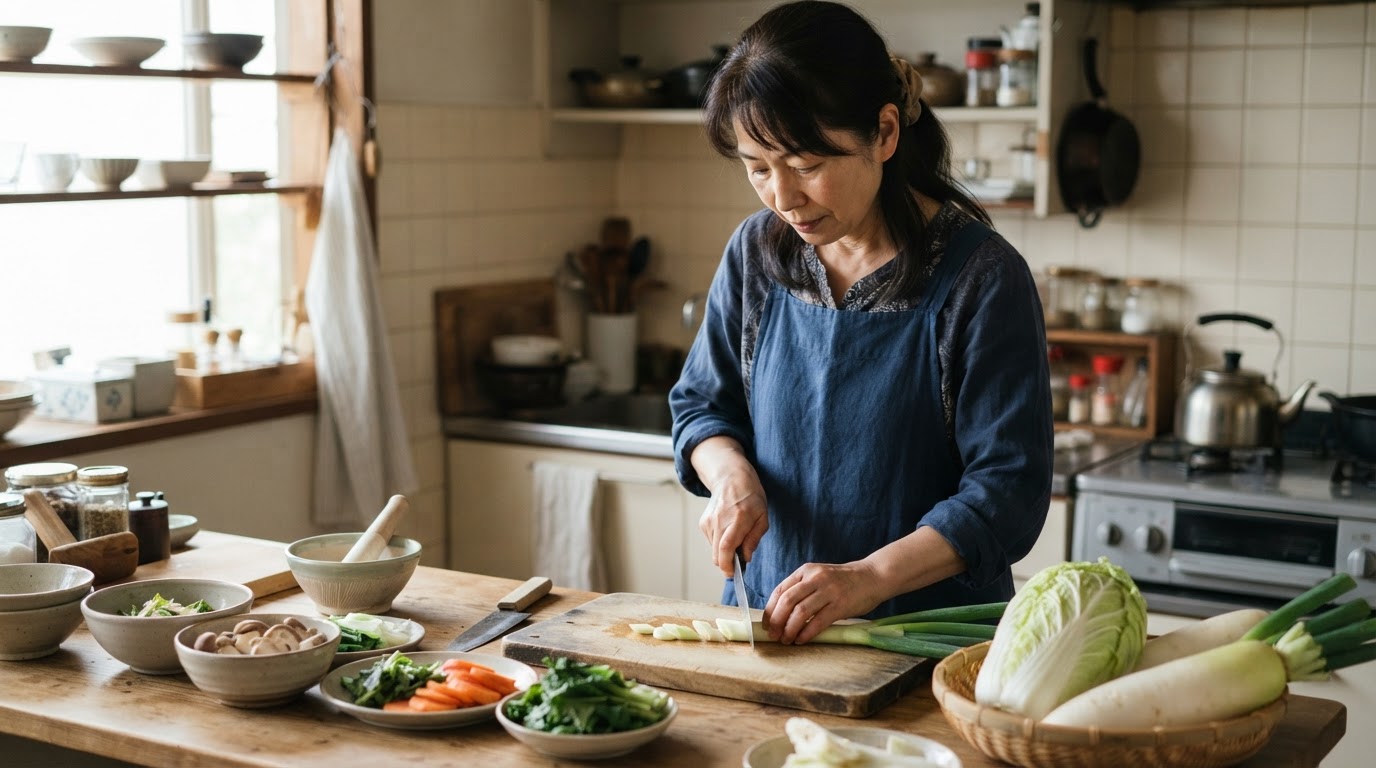 日本の女性がキッチンで野菜を準備している様子