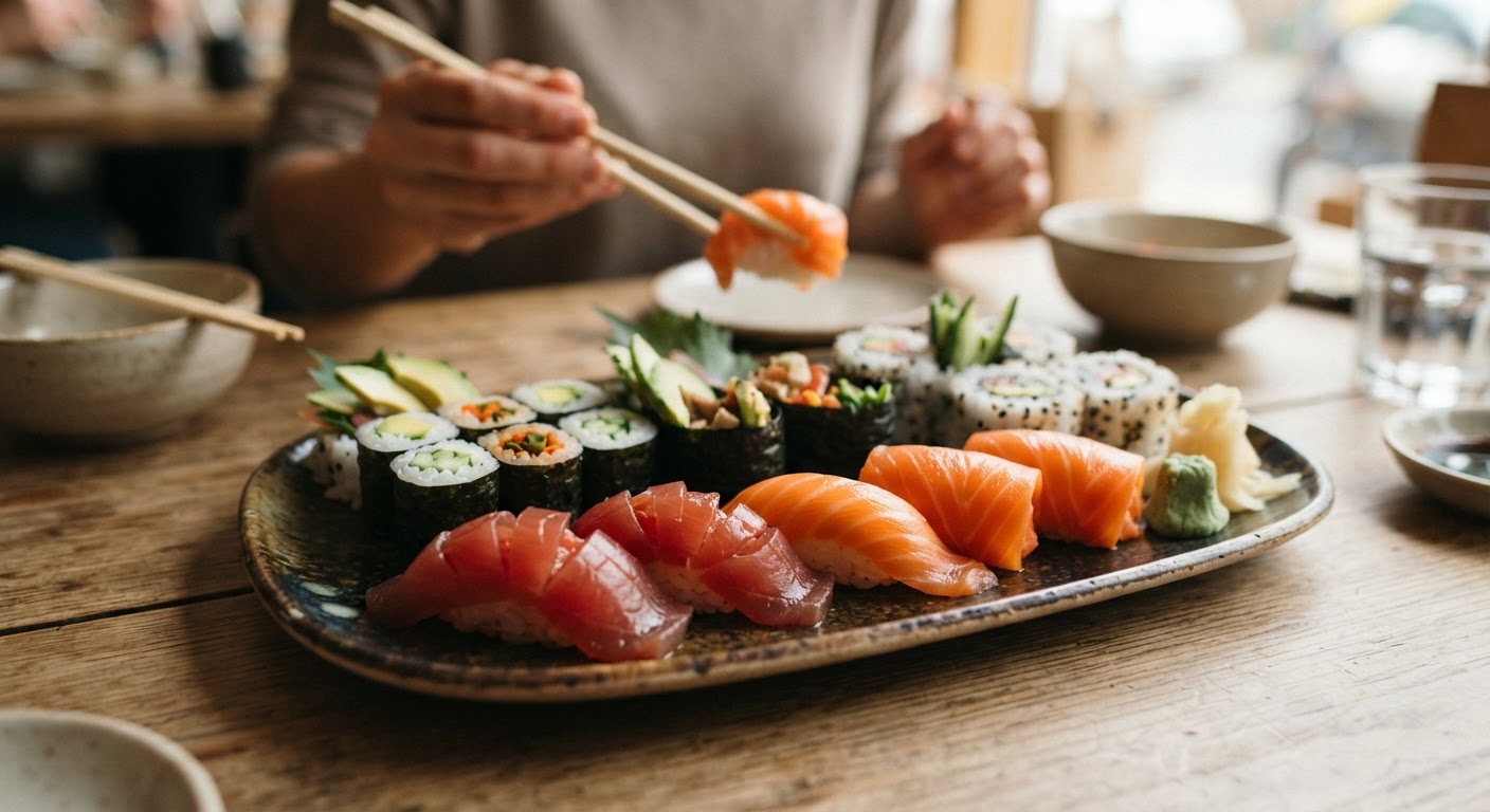 プラントベースの寿司ネタ。トマトやニンジンをマリネしてマグロやサーモン風に。