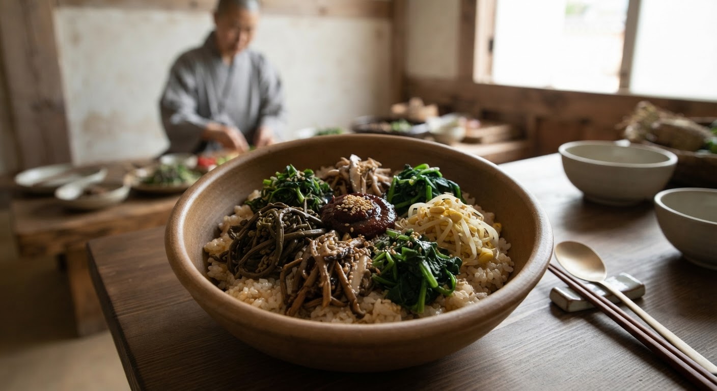 다양한 산나물로 만든 한국 사찰 음식 비빔밥