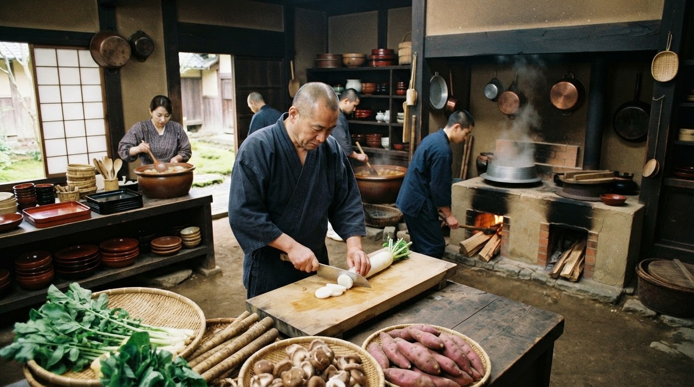 A serene temple kitchen in Japan, filled with fresh vegetables and traditional cooking utensils.