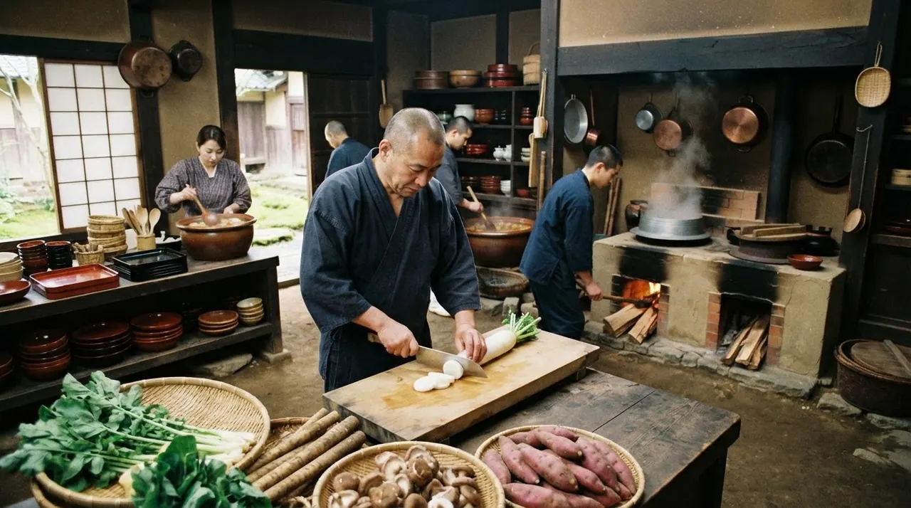 A serene temple kitchen in Japan, filled with fresh vegetables and traditional cooking utensils.