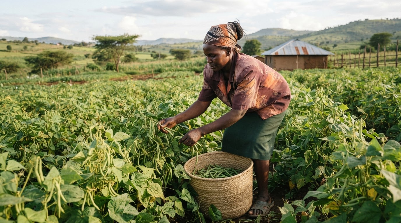 Mkulima wa kike akivuna maharagwe katika eneo la mashambani nchini Kenya