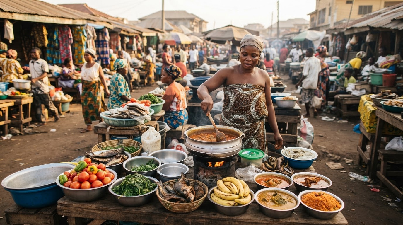 Ọjà ìlú Nàìjíríà tí ó kún fún èso àti ẹfọ́.