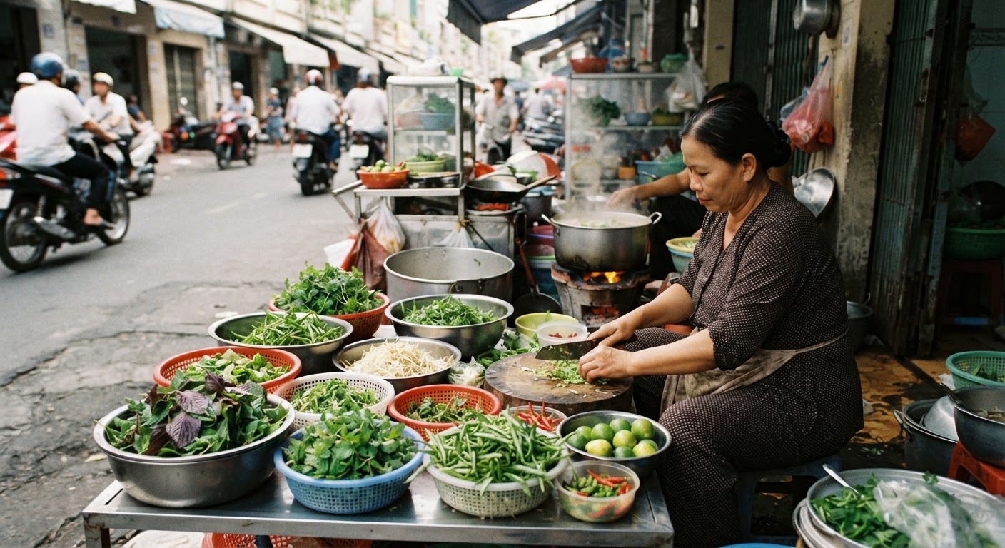Các loại rau thơm và thảo mộc thường thấy trong ẩm thực đường phố Việt Nam, một phần của hệ sinh thái đô thị.