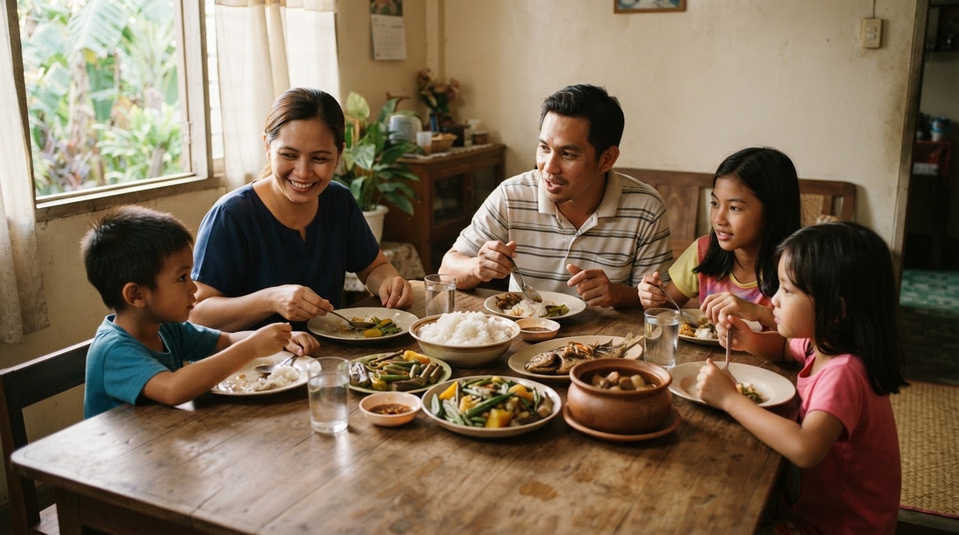 Isang pamilyang Pilipino na kumakain sa hapag-kainan kasama ang kanin at gulay