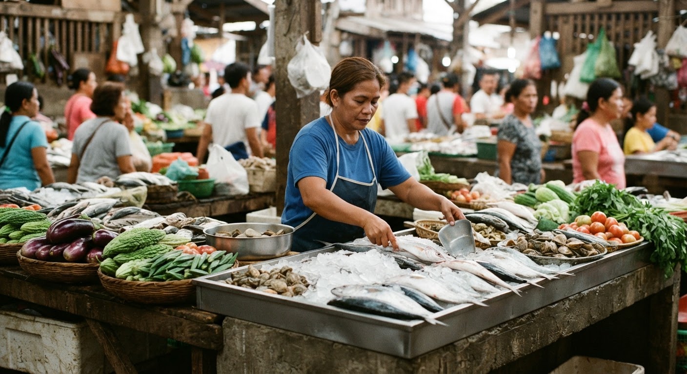 Ang mga lokal na palengke ay pinagmumulan ng sariwang ani at isda na mahalaga sa lutuing Pilipino.