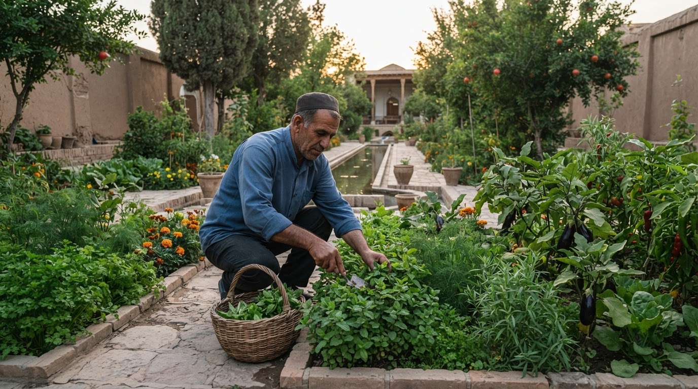 باغ ایرانی با سبزیجات و گیاهان متنوع