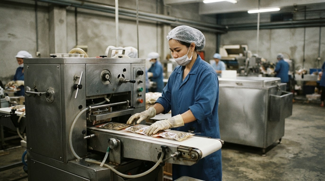 亚洲一家食品加工厂的工人正在操作机器