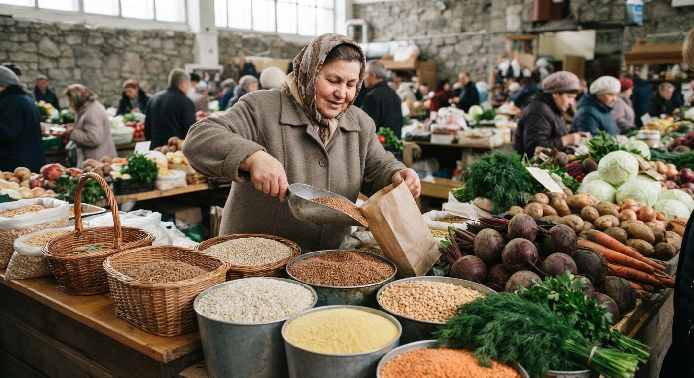 Традиционный русский рынок с овощами и крупами
