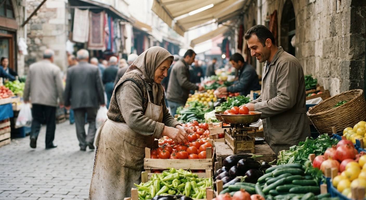 Canlı bir Türk yerel pazarı, taze ürünlerin yerel ekonomiler ve sürdürülebilirlik için önemini gösteriyor.