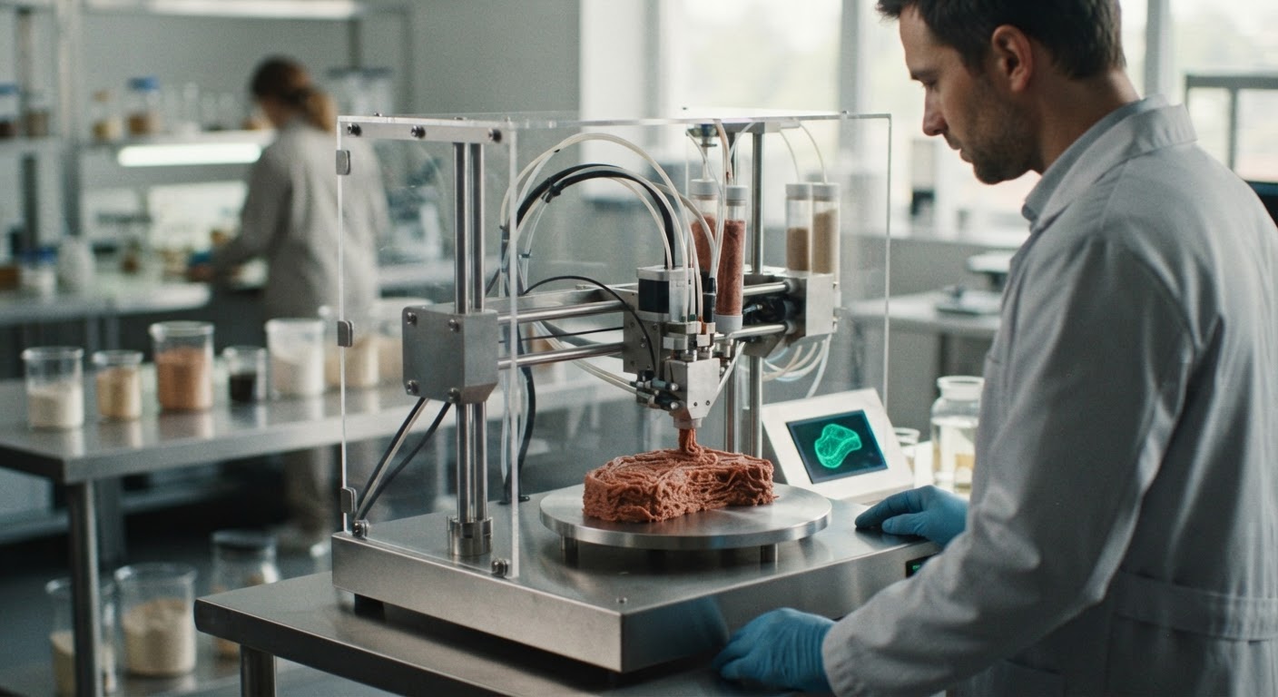 3D принтер арқылы өсімдік негізіндегі ет өнімдерін жасау процесі.