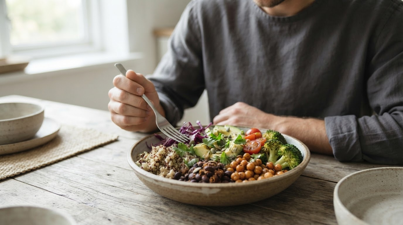 Plato variado de alimentos de origen vegetal con legumbres y cereales