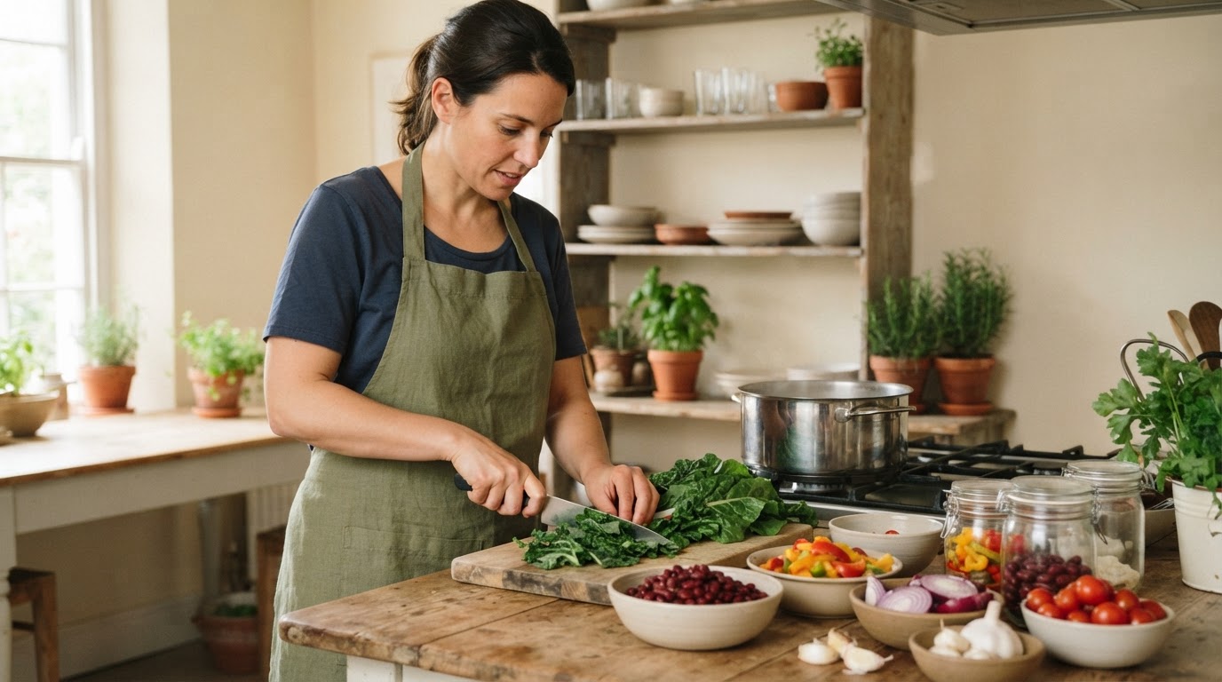 Mulher a preparar uma refeição vegana com vegetais regionais e feijão.