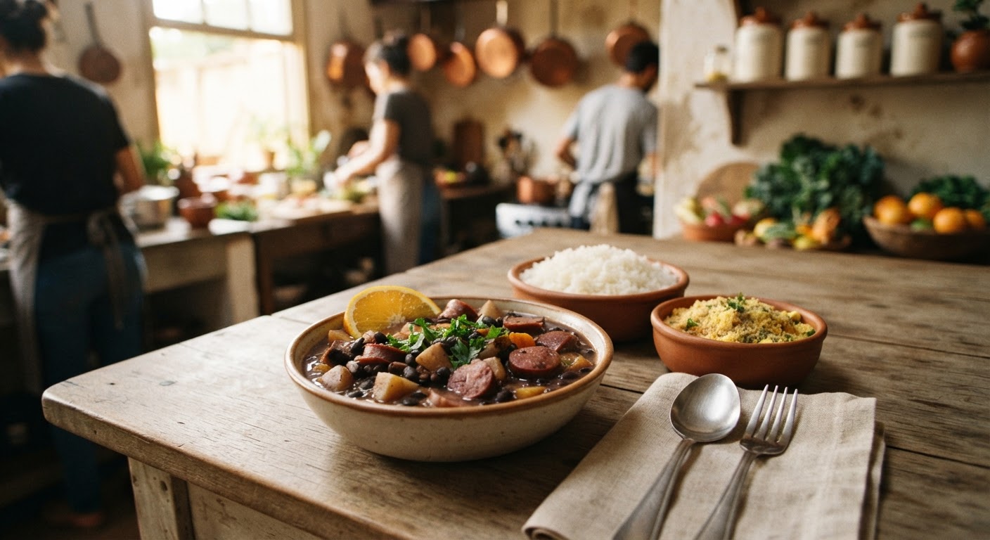 Uma versão vegana da feijoada, um prato tradicional, demonstra a adaptabilidade da culinária vegana com ingredientes locais.