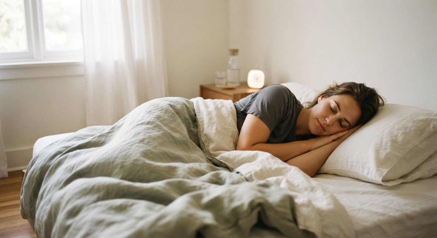Persona che dorme serenamente in una camera da letto con luce naturale