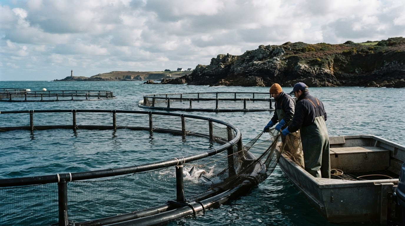 Cages d'élevage de poissons en mer près des côtes bretonnes.