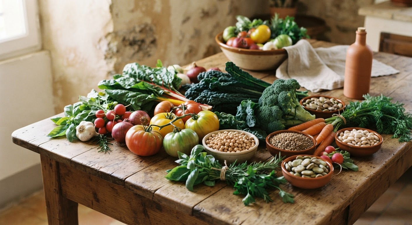 Legumi e verdure fresche, pilastri di una dieta mediterranea vegana che favorisce il sonno.
