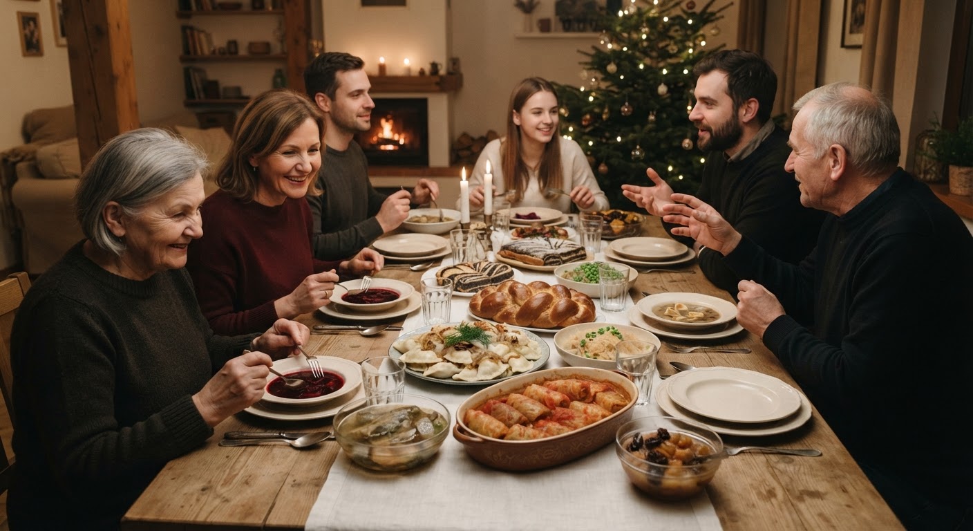 Wigilijny stół w Polsce z pierogami i gołąbkami