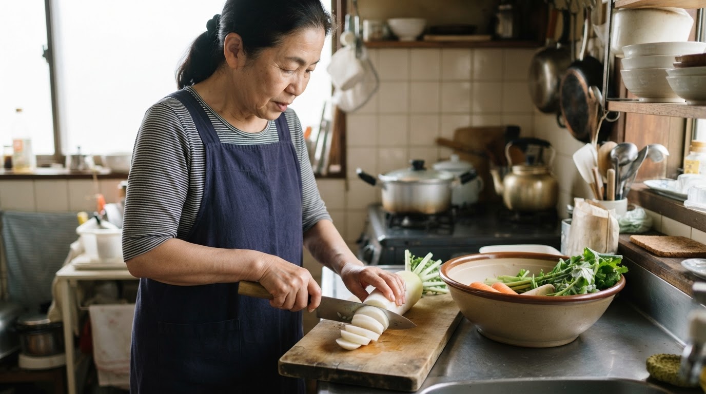 日本の女性がキッチンで野菜を準備している様子