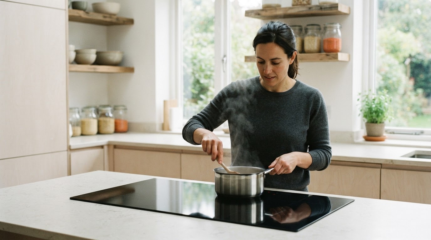A sleek, modern kitchen featuring a black glass induction cooktop.