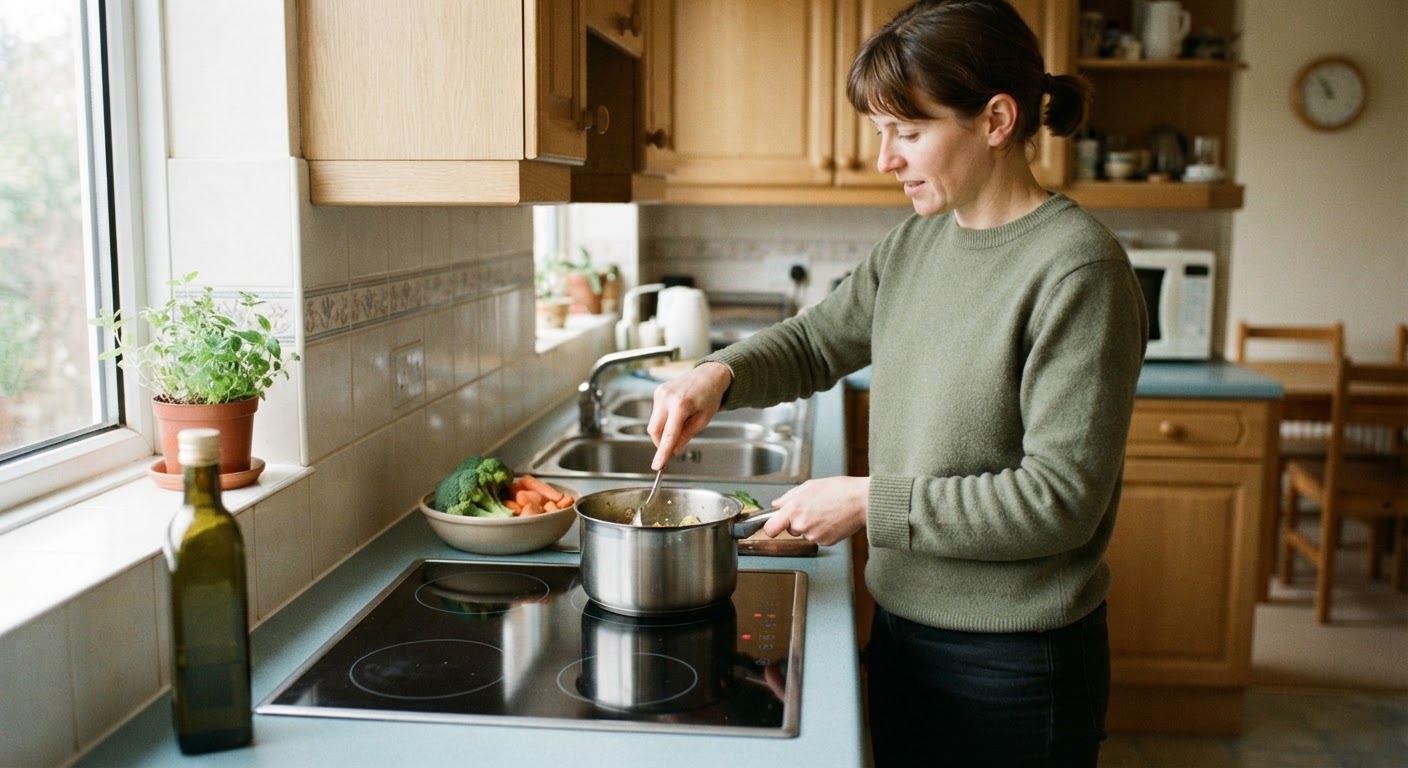 A 1990s kitchen featuring an early model of an induction hob integrated into the countertop.