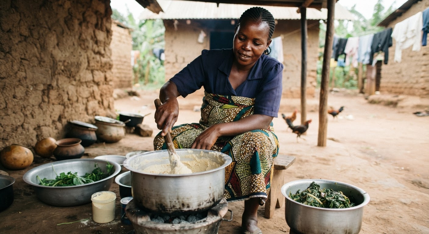 Mwanamke wa Uganda akipika ugali na mboga za majani.
