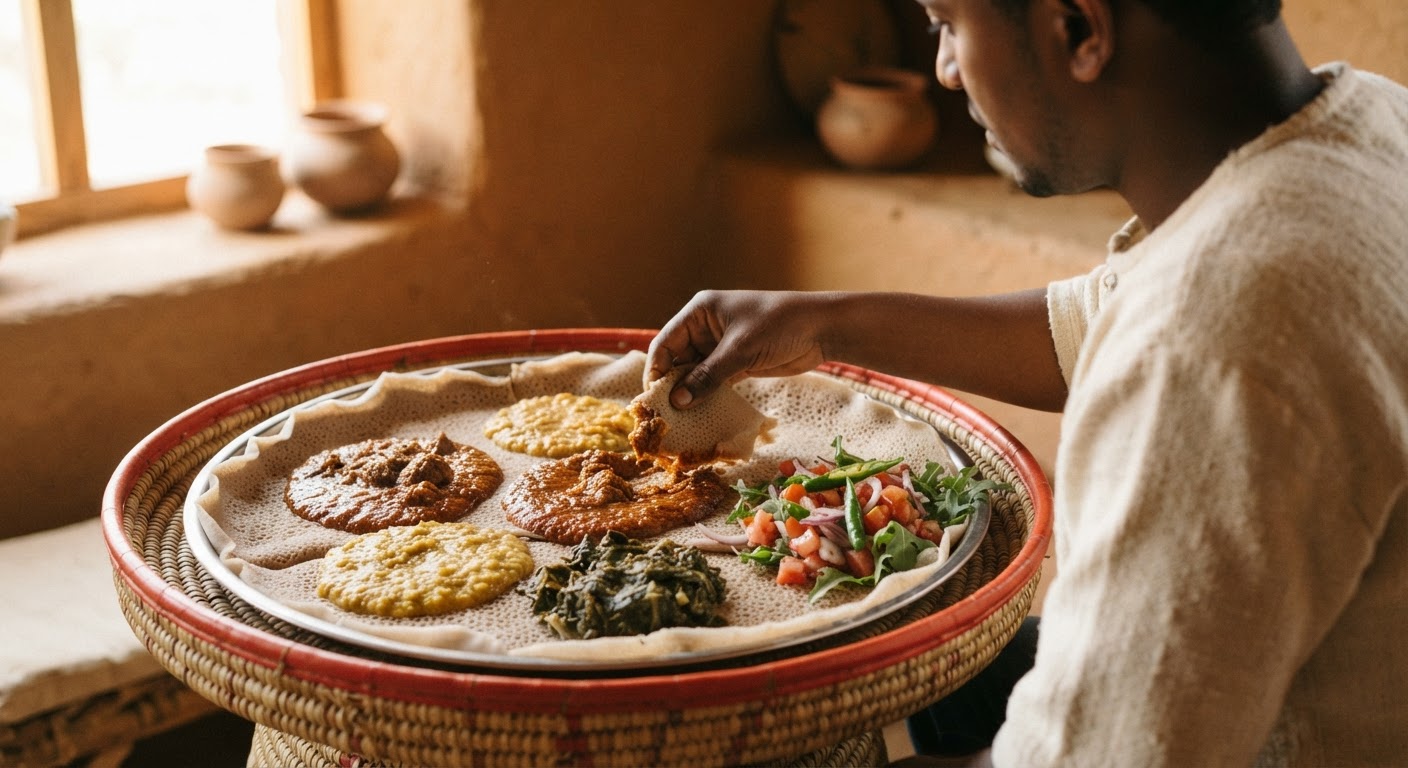 የሽሮ ወጥ፣ የእንጀራ እና የጎን ሰላጣ ጥምረት