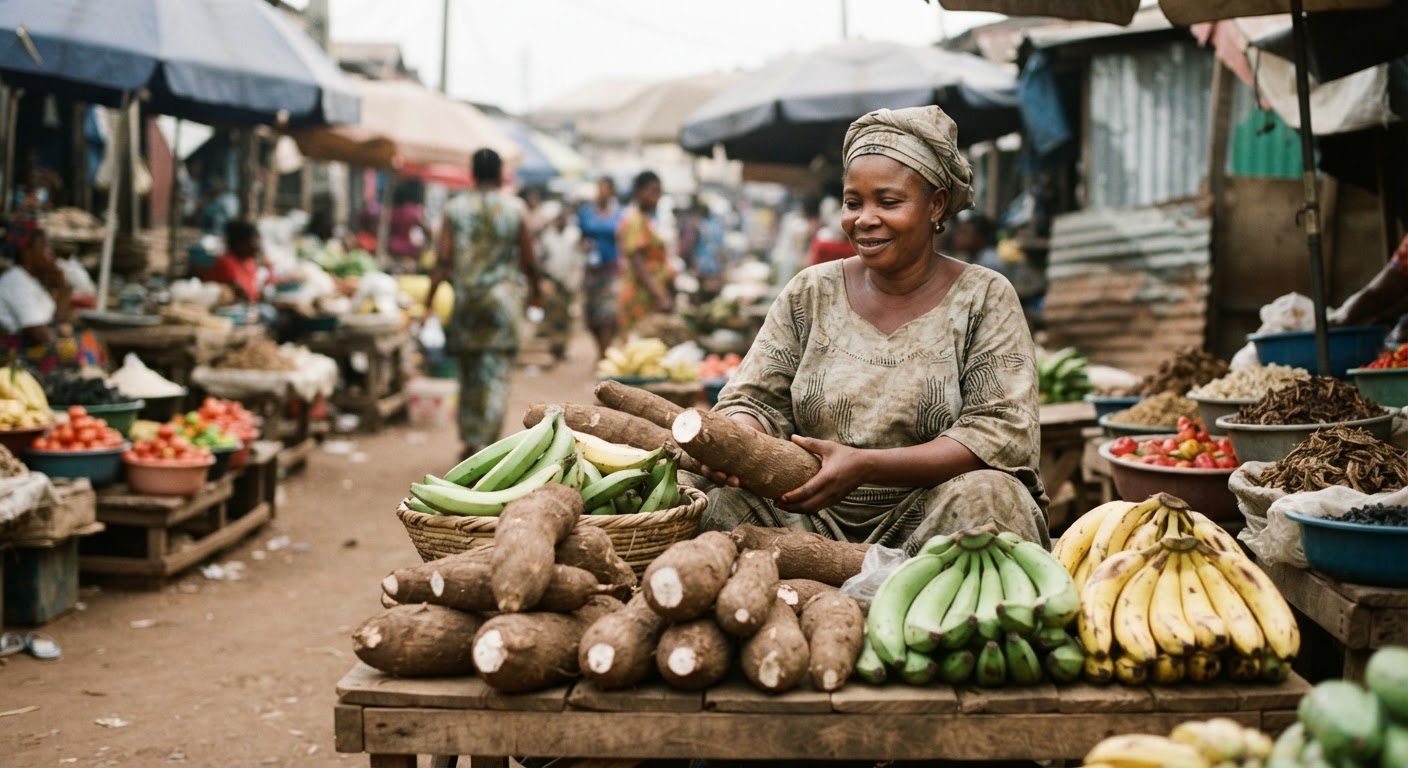 Àwọn èròhùn ìpìlẹ̀ bíi ewíkò àti ọ̀gẹ̀dẹ̀ tí wọ́n máa ń tà ní ọjà Nàìjíríà.