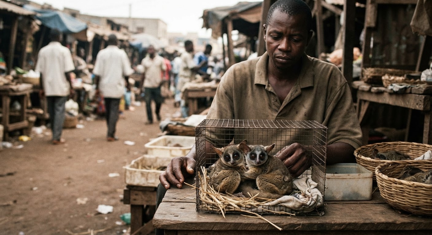 Kasuwannin da ake siyar da dabbobin daji na haifar da barazana ga rayuwarsu, kamar yadda aka gani a wuraren sayar da 'bushbaby'.