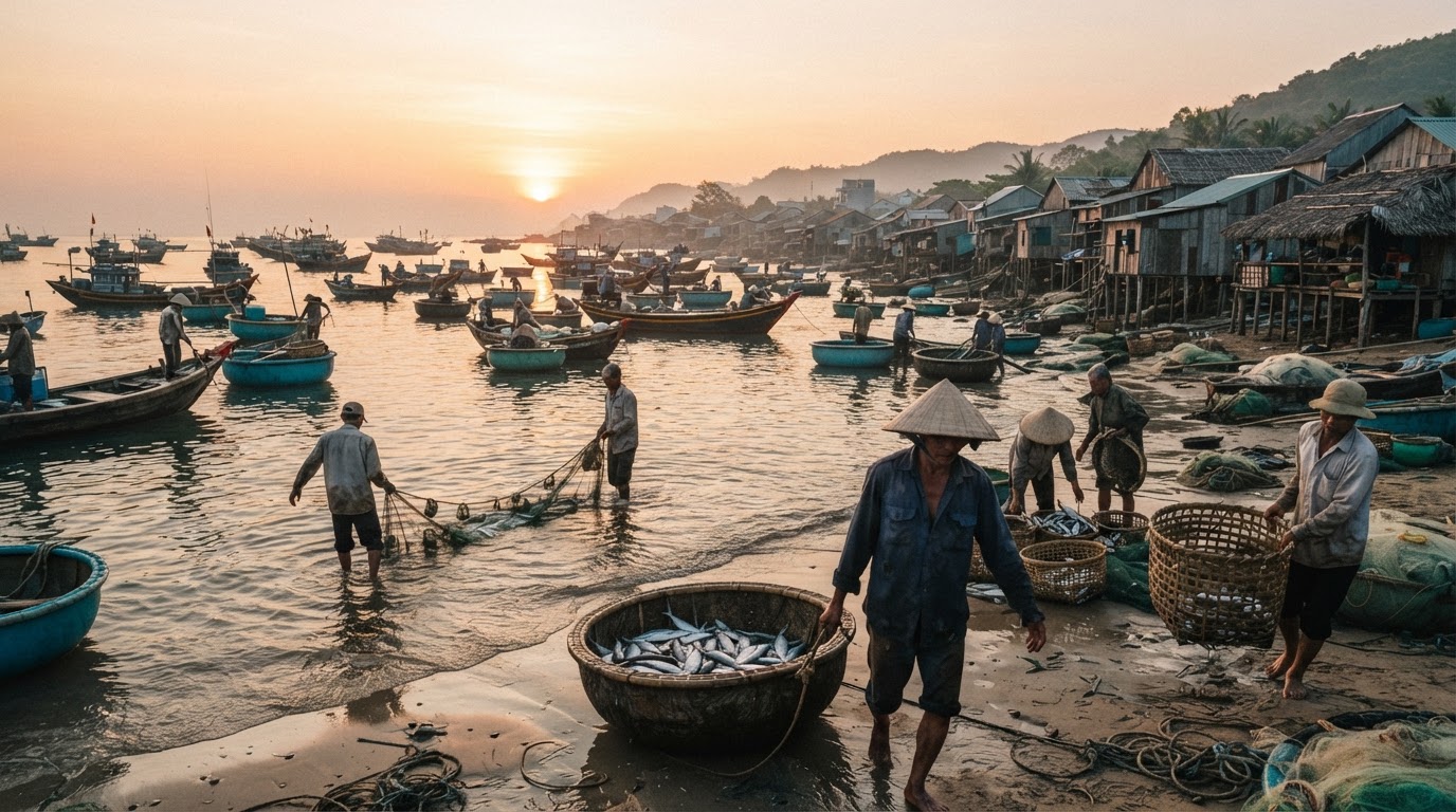Làng chài Việt Nam lúc bình minh