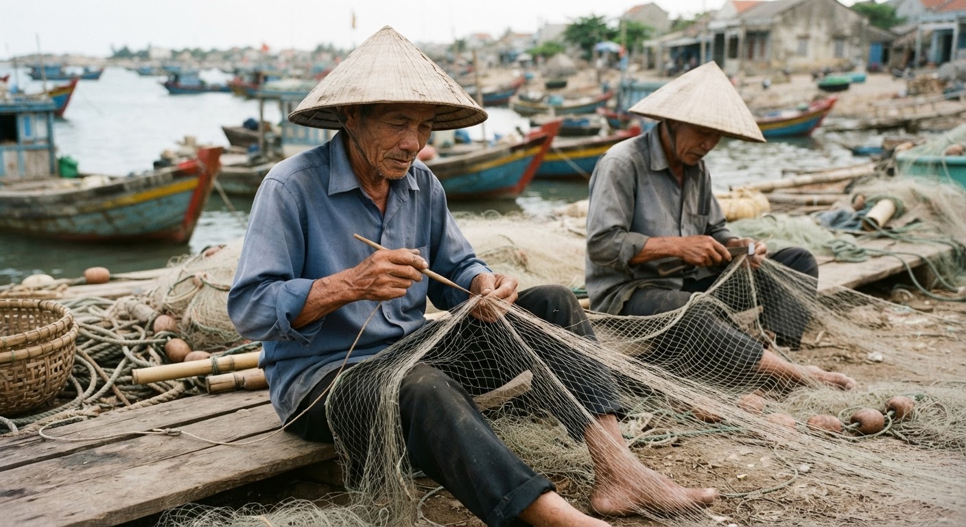 Ngư dân Việt Nam đang vá lưới, một công việc truyền thống gắn liền với sinh kế ven biển.