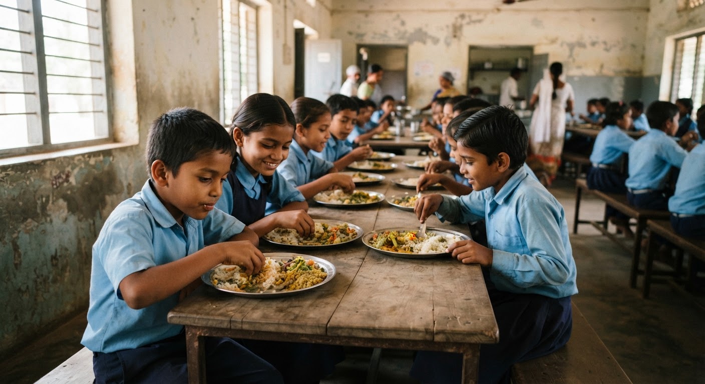 বিদ্যালয়ে শিশুদের পুষ্টিকর খাবার পরিবেশন।