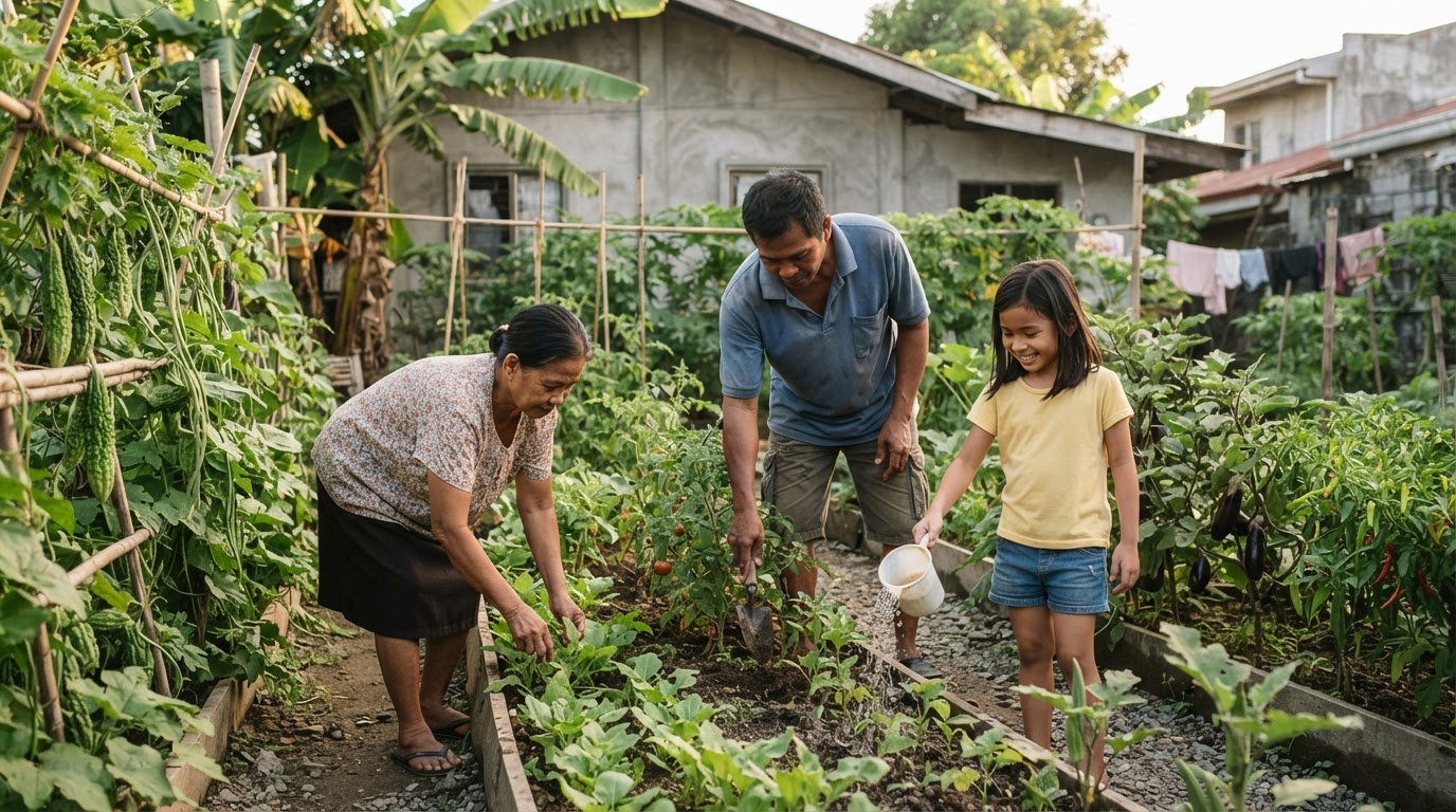 Isang pamilyang Pilipino na nag-aalaga ng mga gulay sa kanilang bakuran.