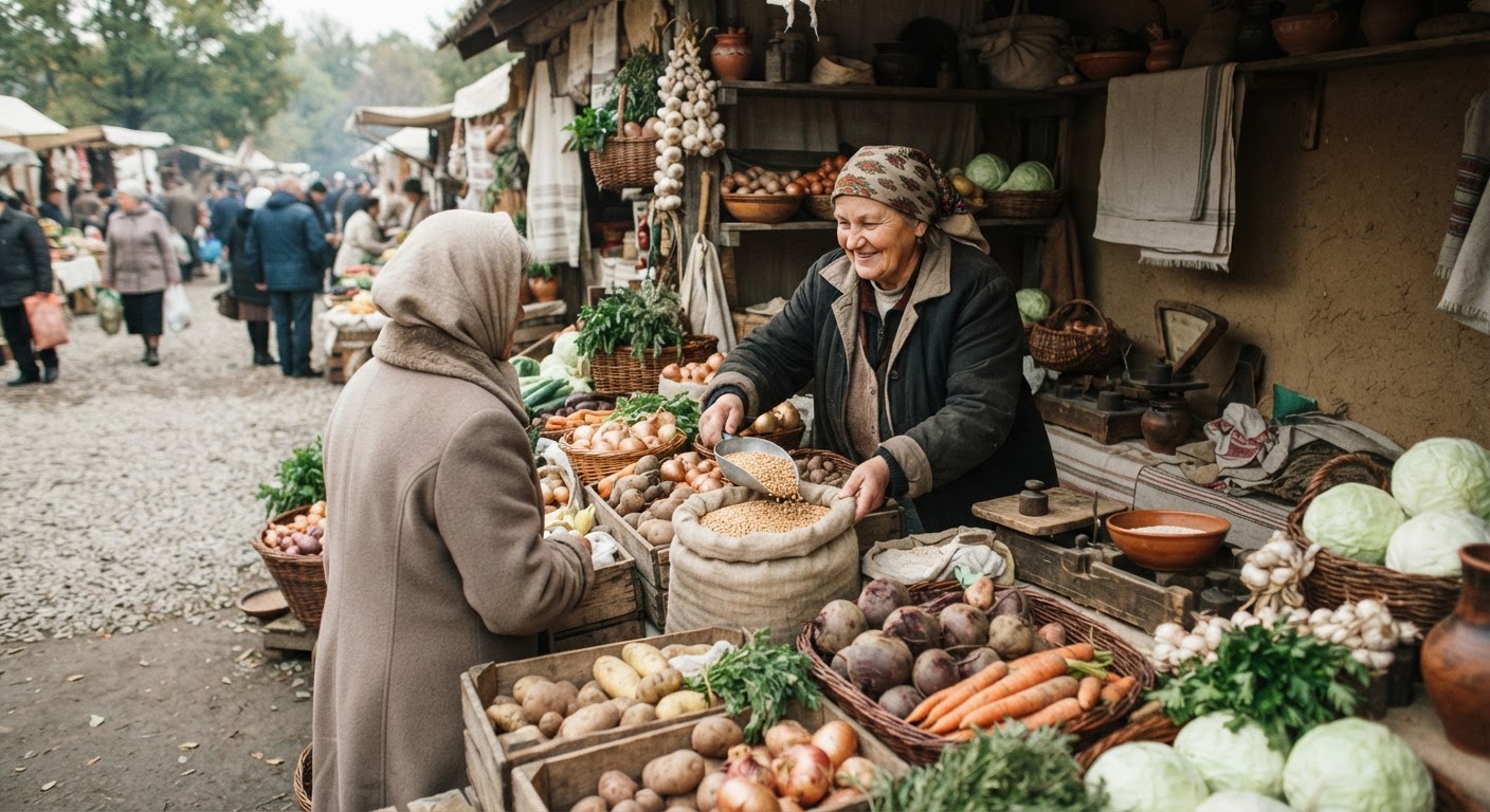 Традиційний український ринковий яток зі свіжими овочами та зерном