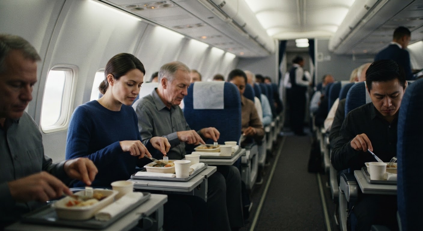 Pasagjerë duke ngrënë vakte në kabinën e avionit