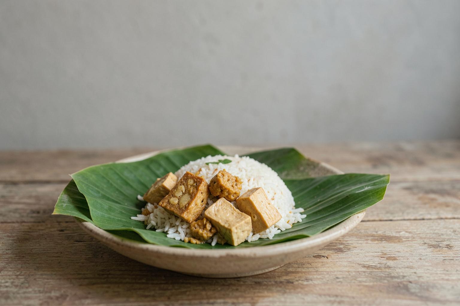 Nasi lemak dengan tempe goreng dan tahu di atas daun pisang
