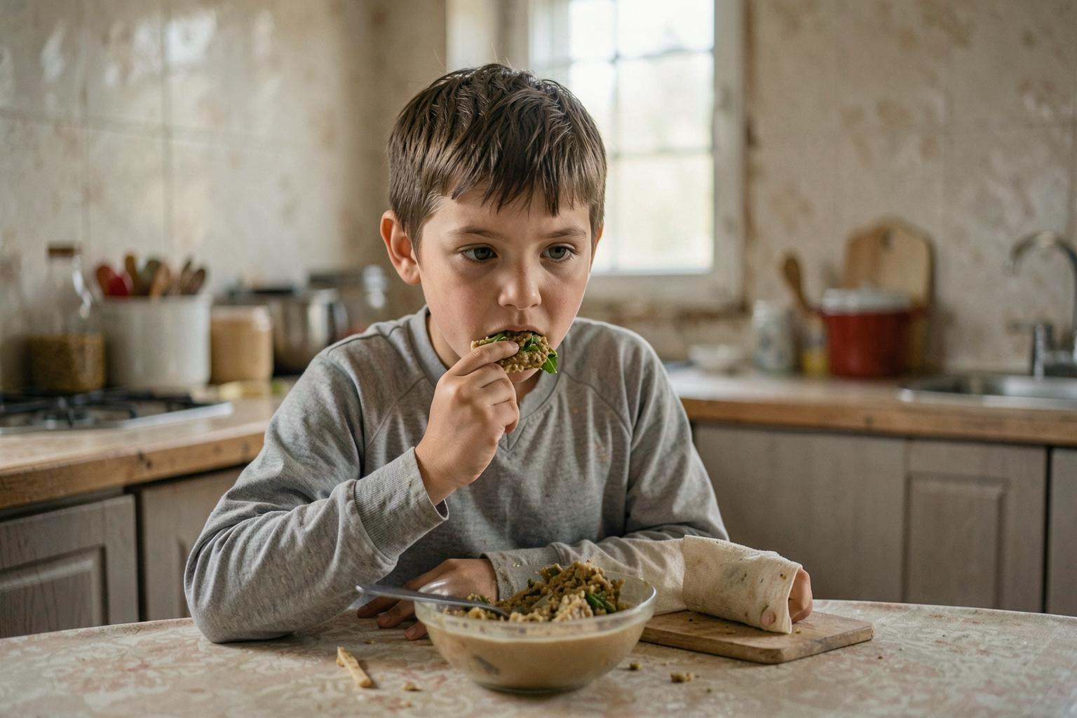 Жас спортшы үйдегі ас үйде өсімдік тектес тағамдарды жеп отыр