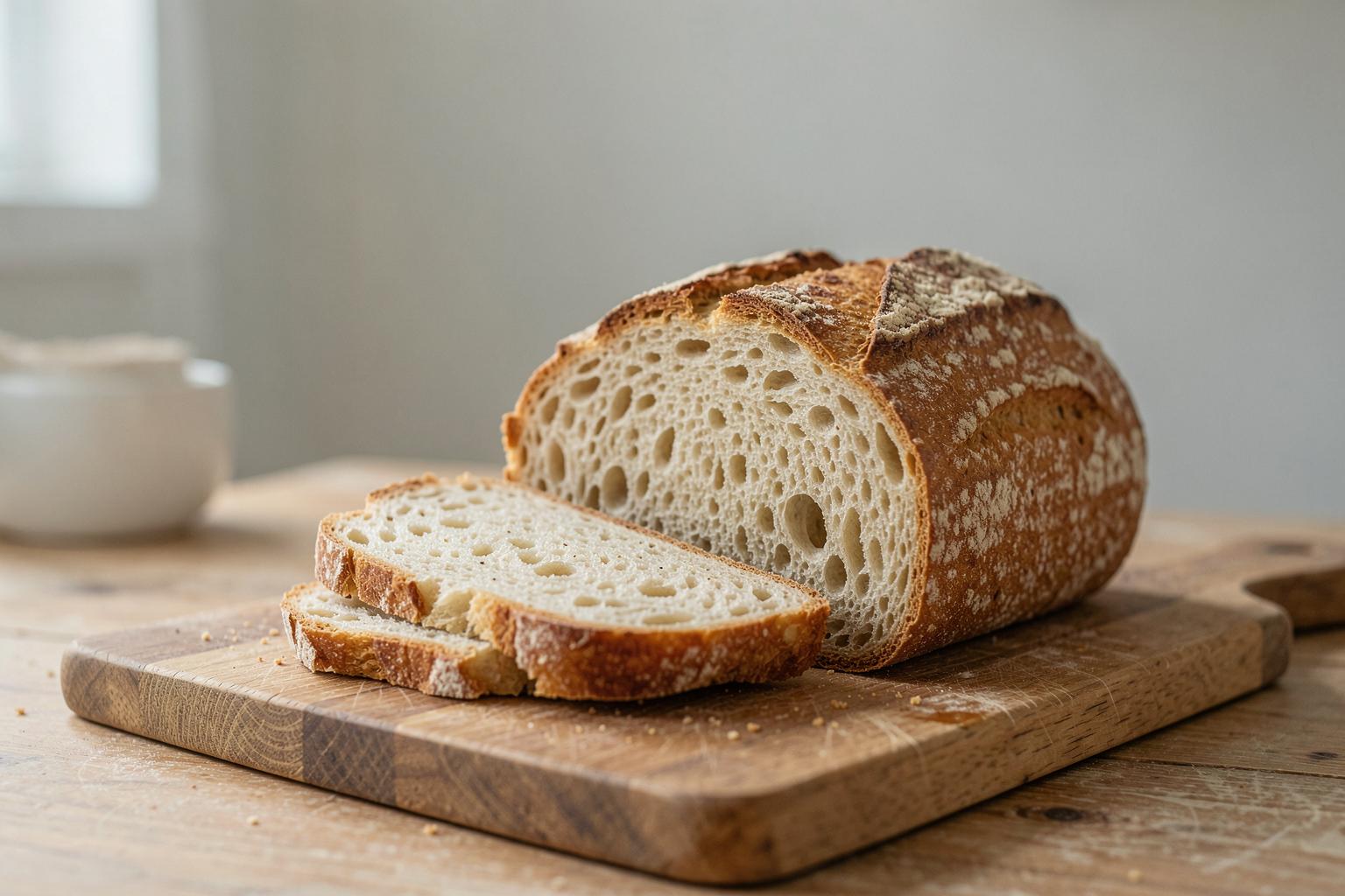 Pain au levain coupé en tranches sur une planche en bois, montrant une mie alvéolée et une croûte dorée