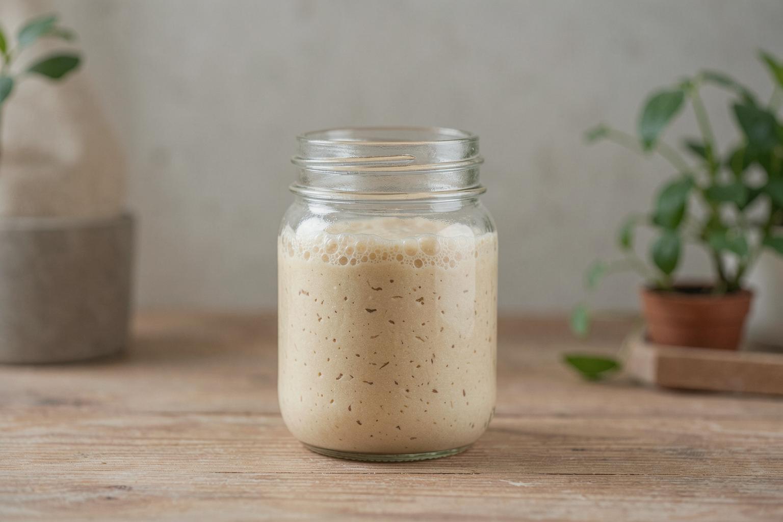 Un levain actif avec des bulles abondantes, signe d’une fermentation vigoureuse.