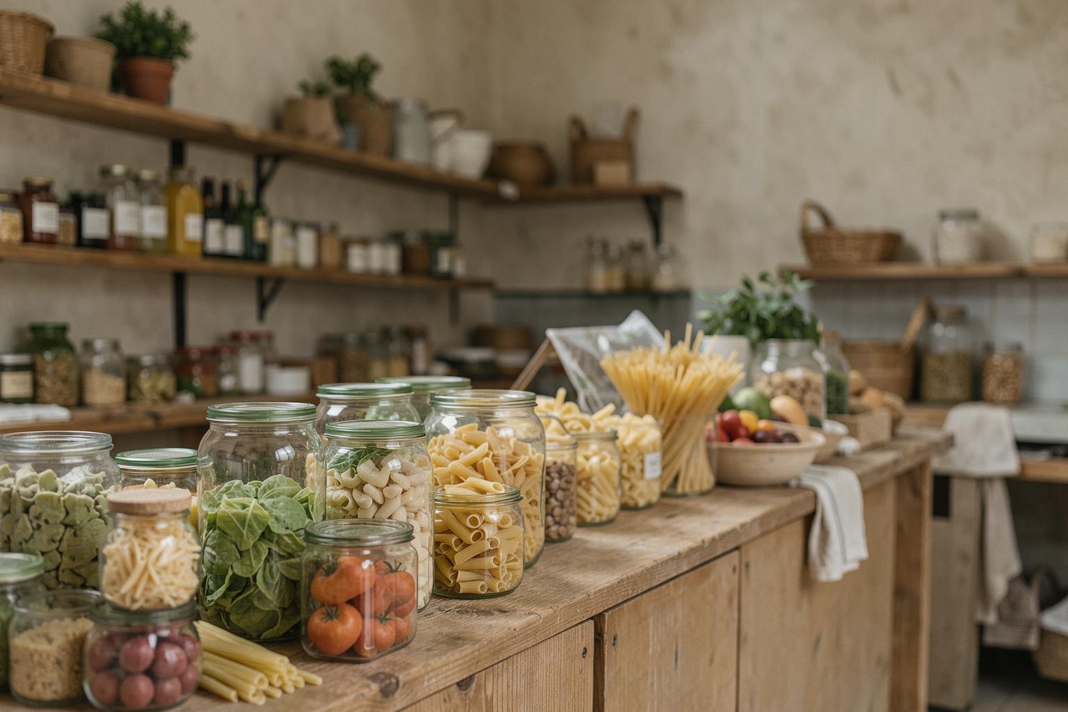 Un negozio sfuso italiano con contenitori di vetro, legumi e pasta esposti.