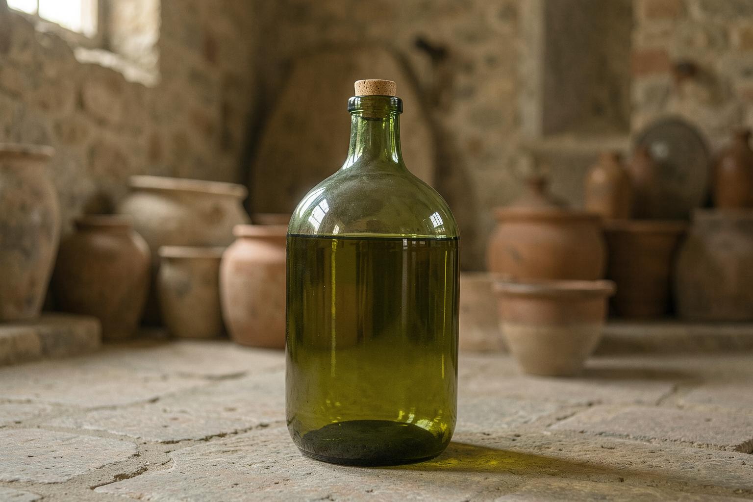 Damigiane di olio extravergine d'oliva in un frantoio toscano, pronte per il riutilizzo.