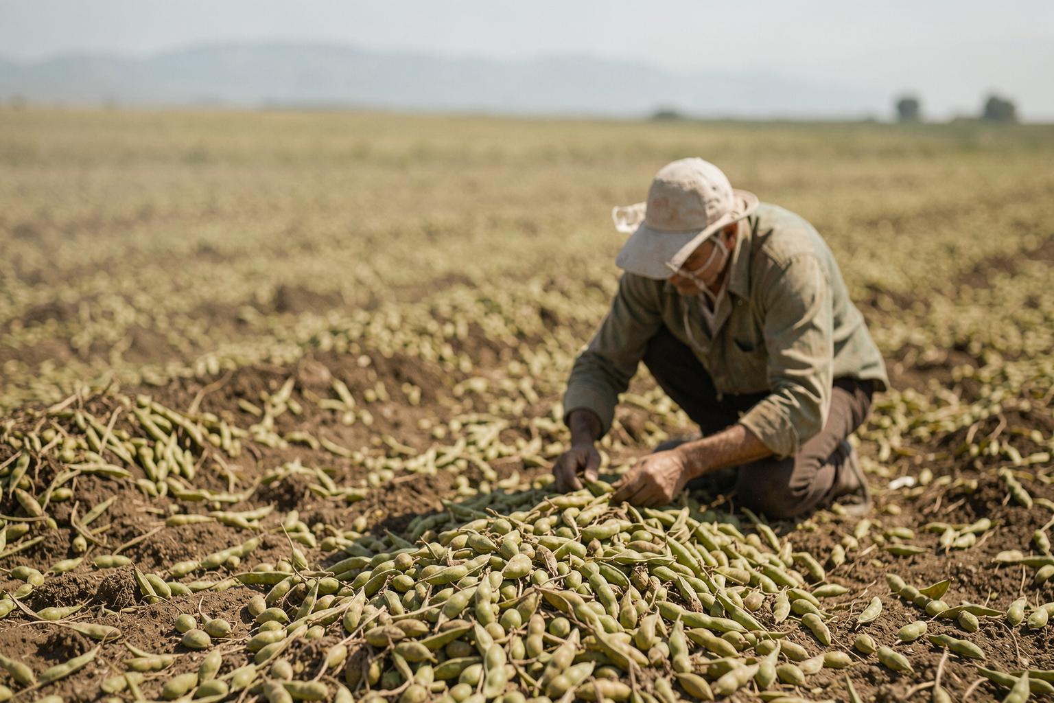 Soybeans being harvested in a large-scale field, a common sight in global agriculture.
