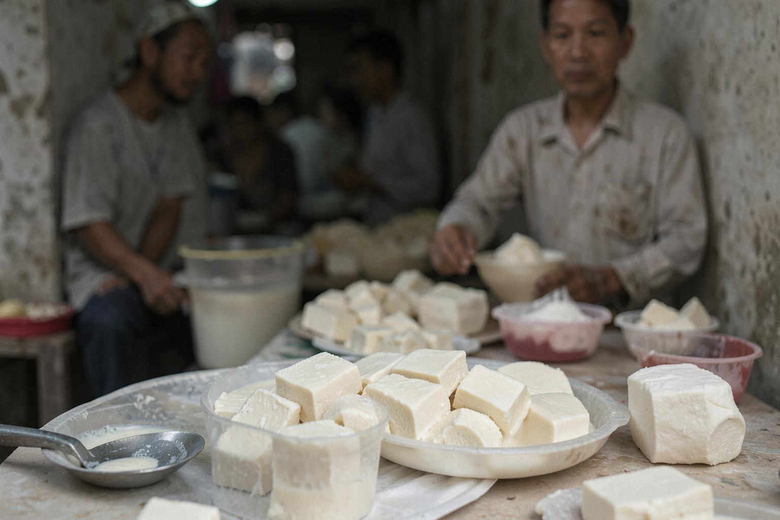 Chợ Việt Nam bày bán đậu phụ và sữa đậu nành tươi