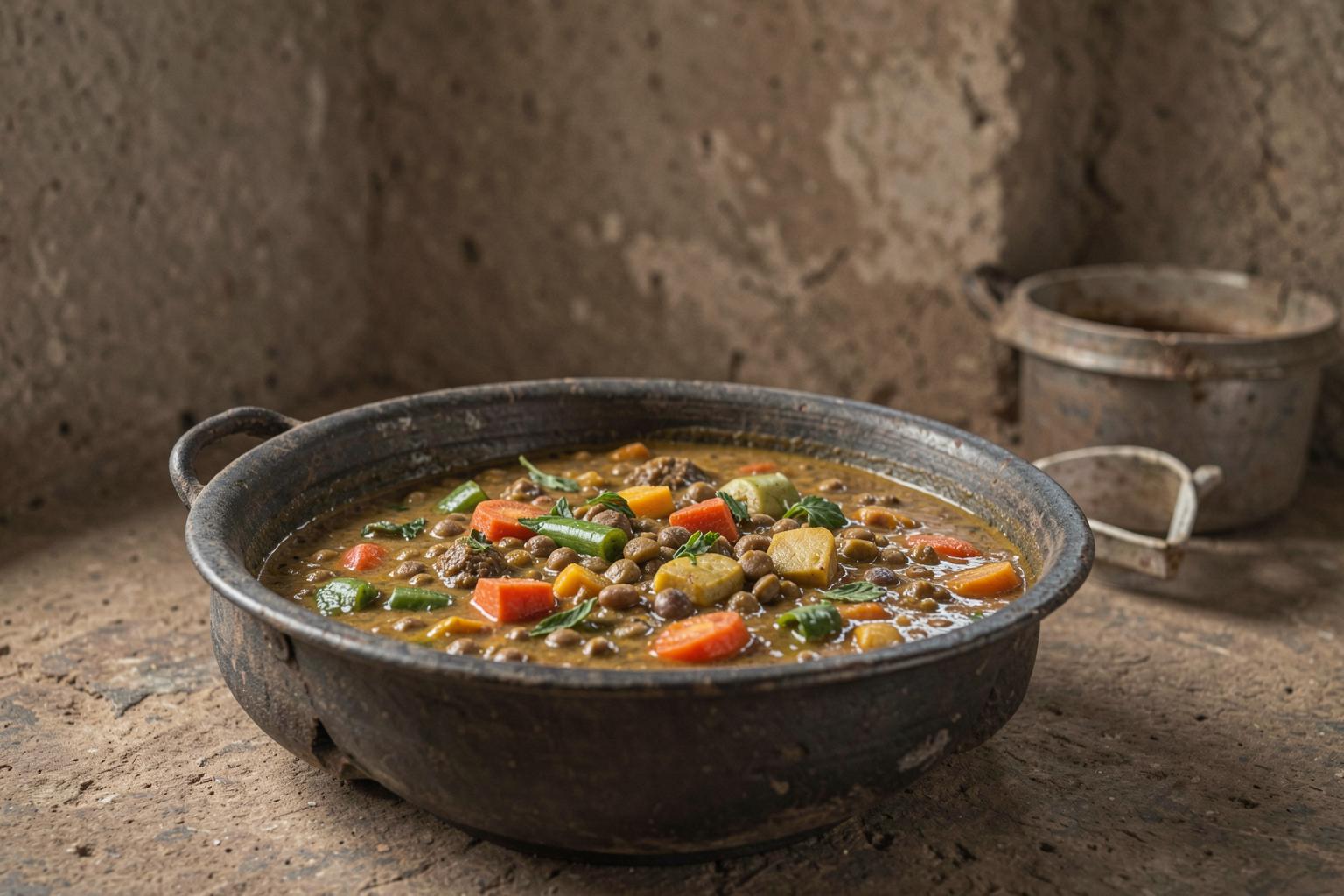 Sufuria ya mchuzi wa dengu na mboga za majani, karoti, na nyanya, ikiwa tayari kwa kuliwa na wali.