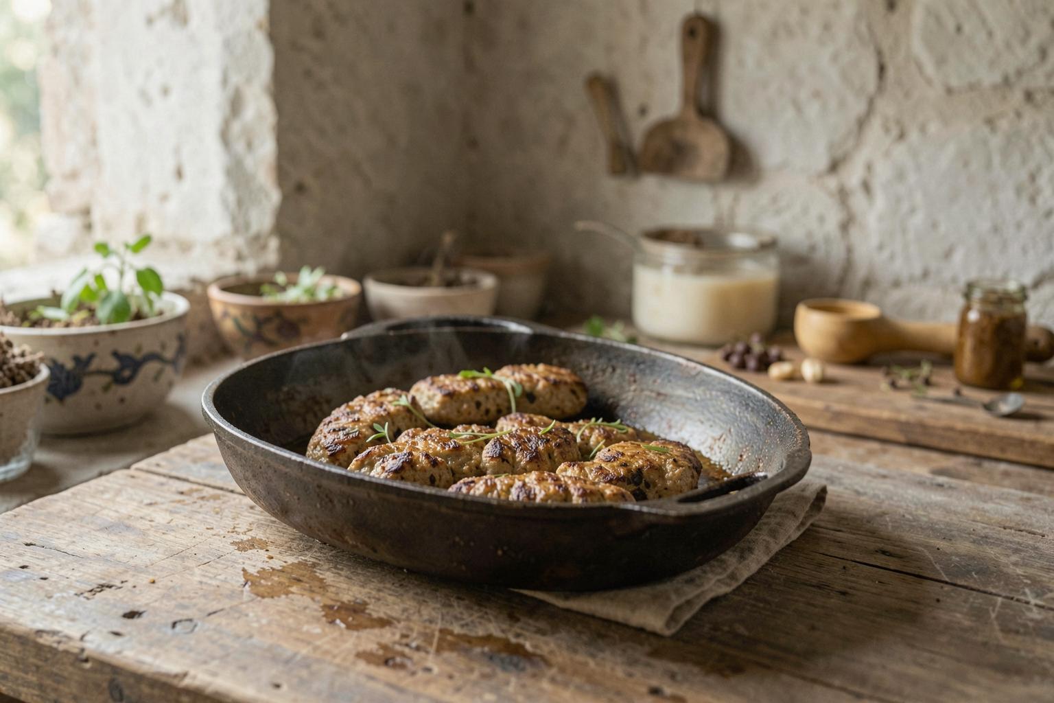 Një copë seitan e gatuar në tigan me vaj ulliri dhe erëza, në një kuzhinë fshatare shqiptare.