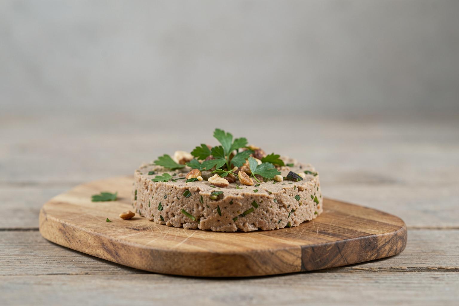 Pâté végétal aux noix et aux herbes, présenté sur une planche en bois, garni de feuilles de persil