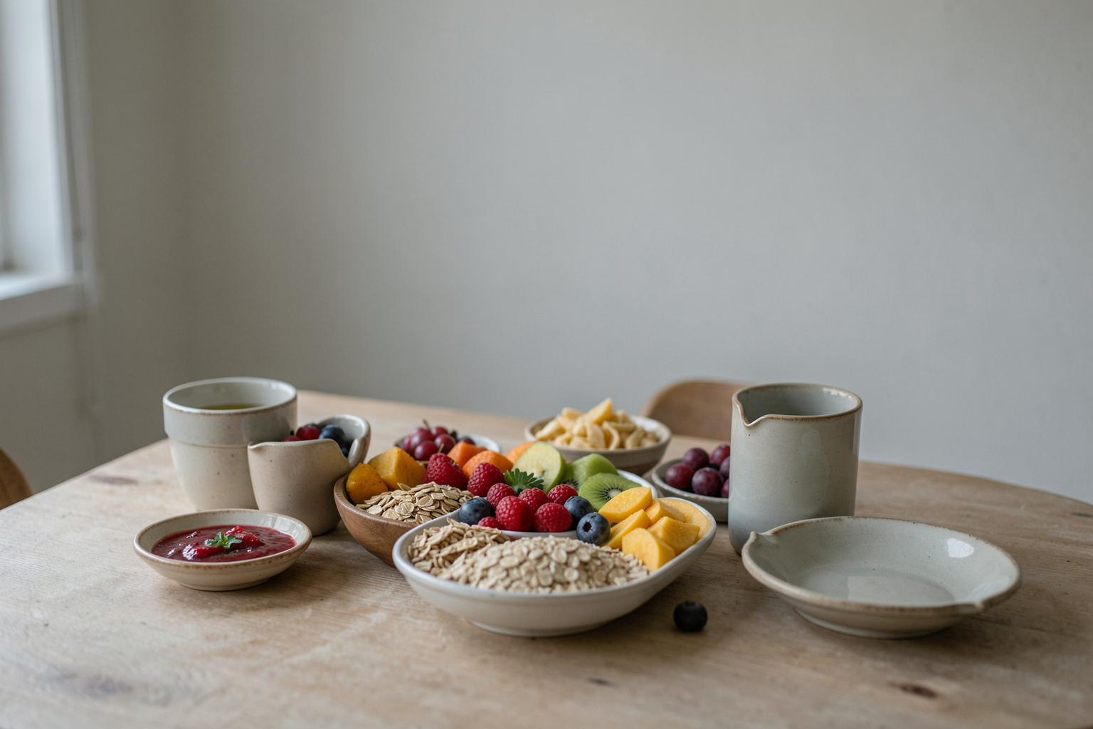 Tavola italiana con colazione vegana, frutta fresca, cereali e olio d'oliva