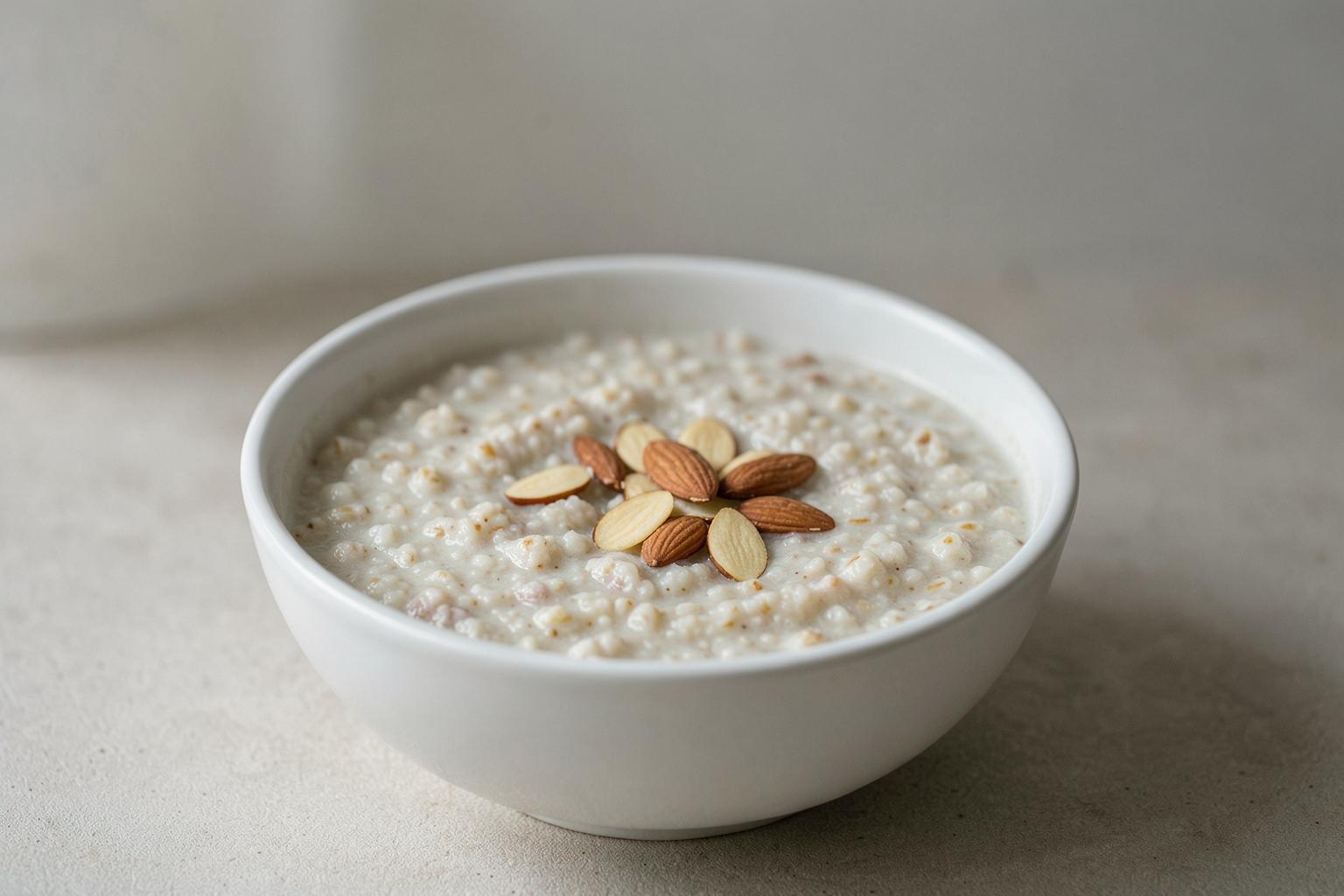 Porridge di avena con mela e mandorle, una colazione calda e nutriente.